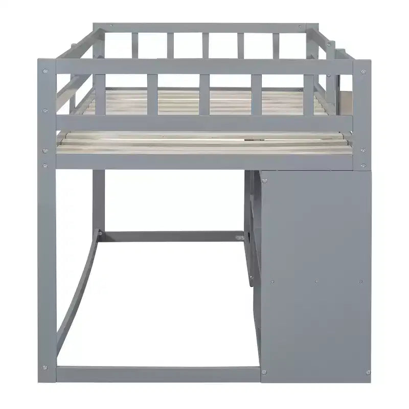 Letto a soppalco basso con scrivania a rotelle e mensole portaoggetti, letto a soppalco singolo in legno con 2 cassetti e lavagna per bambini