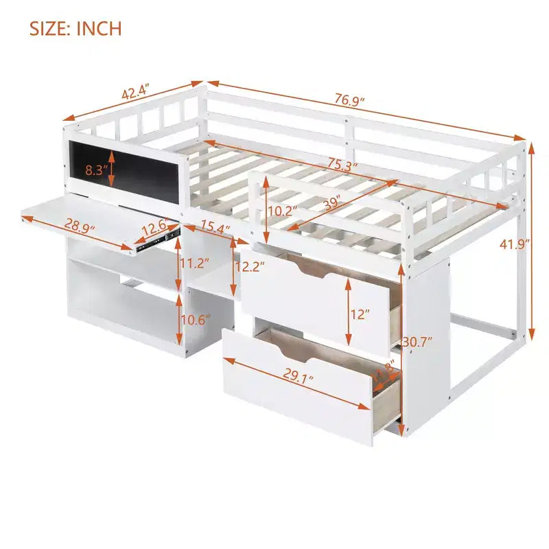 Letto a soppalco basso con scrivania a rotelle e mensole portaoggetti, letto a soppalco singolo in legno con 2 cassetti e lavagna per bambini