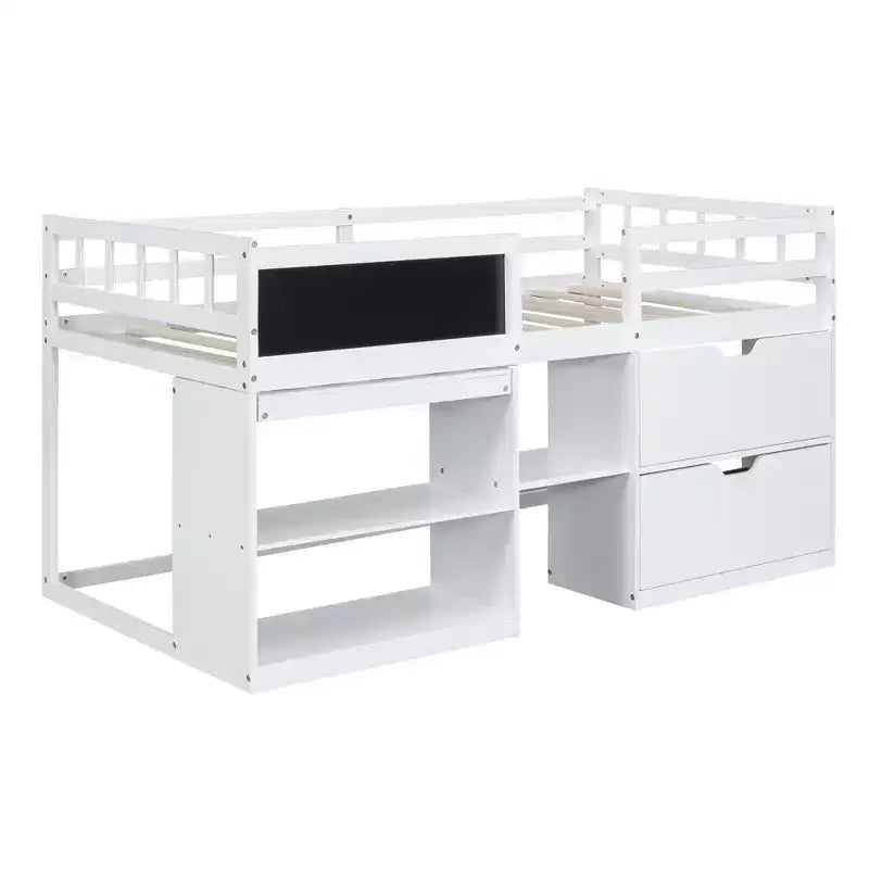 Letto a soppalco basso con scrivania a rotelle e mensole portaoggetti, letto a soppalco singolo in legno con 2 cassetti e lavagna per bambini