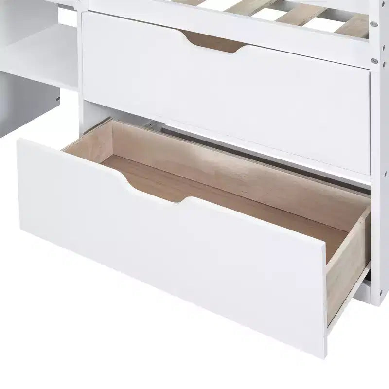 Letto a soppalco basso con scrivania a rotelle e mensole portaoggetti, letto a soppalco singolo in legno con 2 cassetti e lavagna per bambini