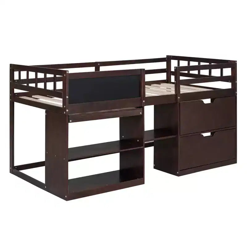 Letto a soppalco basso con scrivania a rotelle e mensole portaoggetti, letto a soppalco singolo in legno con 2 cassetti e lavagna per bambini
