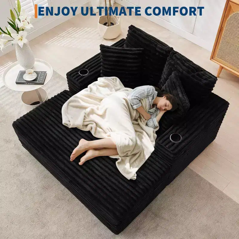 Divano Lounge Comfy Indoor in Velluto a Coste con Stazione di Ricarica, Portabicchieri e Cuscini Decorativi, Comodo Divano Letto per Soggiorno, Camera da Letto e Appartamenti