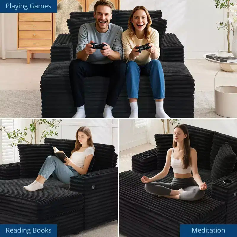 Divano Lounge Comfy Indoor in Velluto a Coste con Stazione di Ricarica, Portabicchieri e Cuscini Decorativi, Comodo Divano Letto per Soggiorno, Camera da Letto e Appartamenti