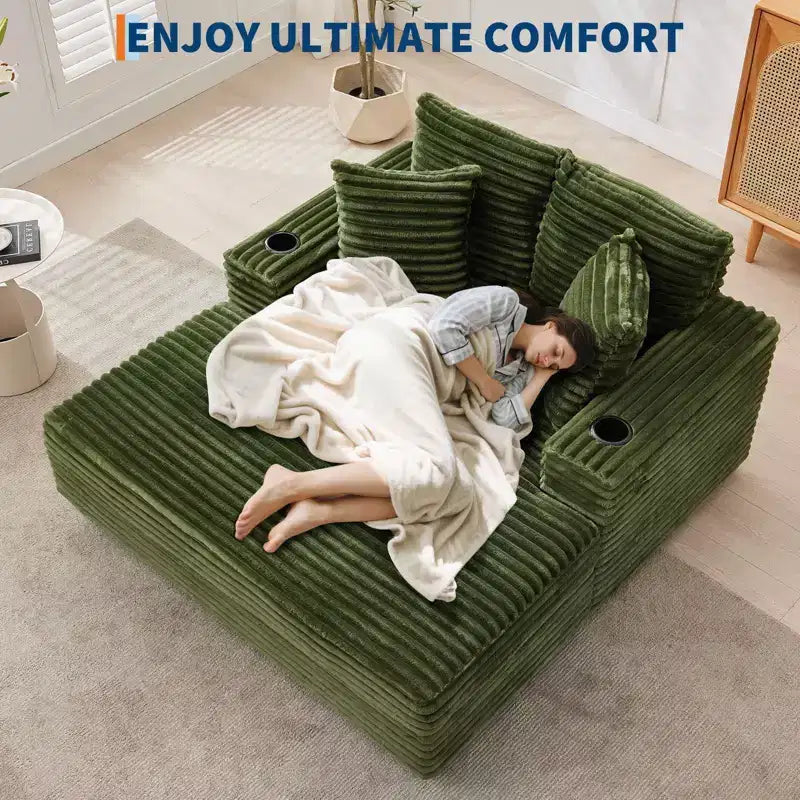 Divano Lounge Comfy Indoor in Velluto a Coste con Stazione di Ricarica, Portabicchieri e Cuscini Decorativi, Comodo Divano Letto per Soggiorno, Camera da Letto e Appartamenti