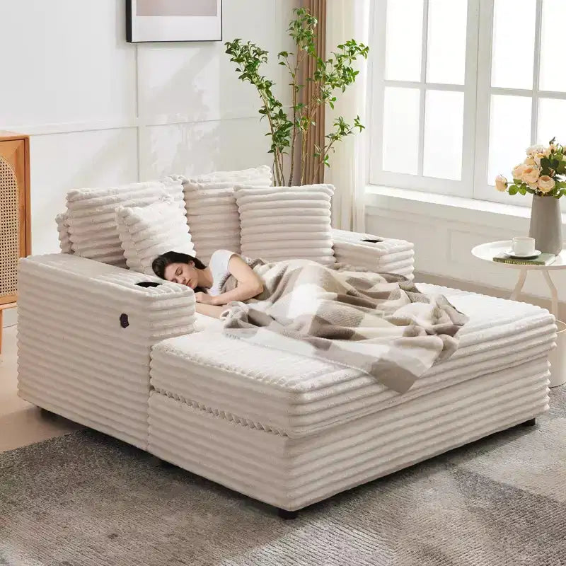 Divano Lounge Comfy Indoor in Velluto a Coste con Stazione di Ricarica, Portabicchieri e Cuscini Decorativi, Comodo Divano Letto per Soggiorno, Camera da Letto e Appartamenti