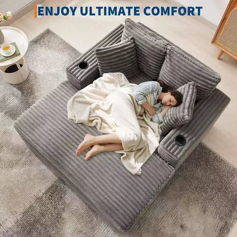 Divano Lounge Comfy Indoor in Velluto a Coste con Stazione di Ricarica, Portabicchieri e Cuscini Decorativi, Comodo Divano Letto per Soggiorno, Camera da Letto e Appartamenti
