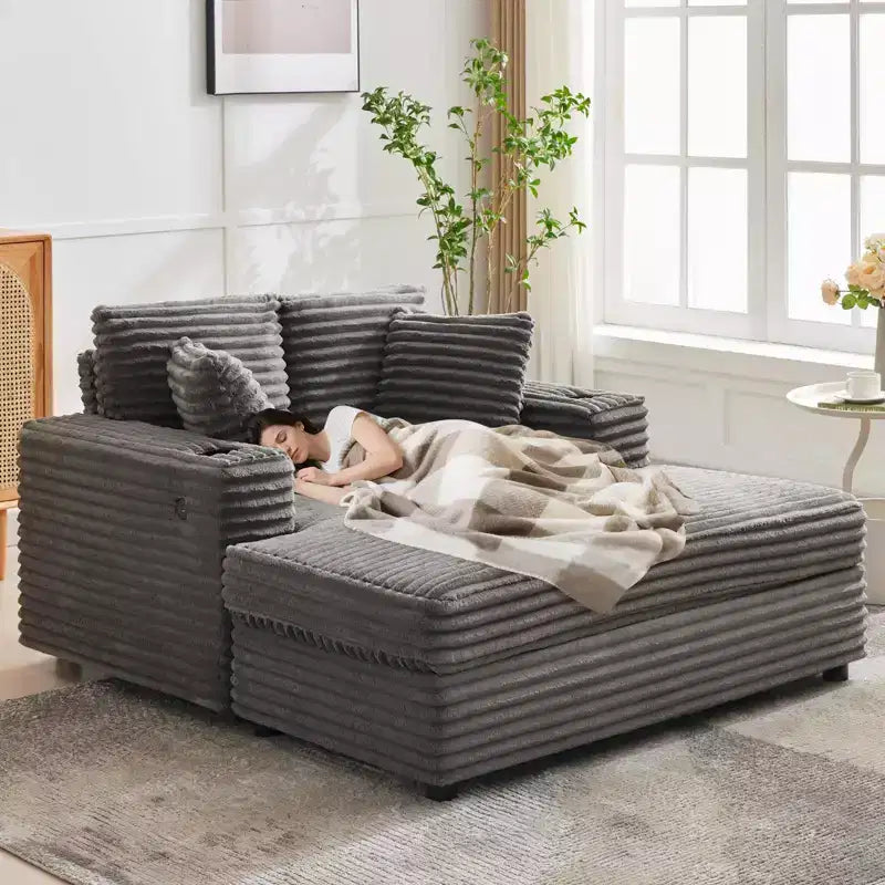 Divano Lounge Comfy Indoor in Velluto a Coste con Stazione di Ricarica, Portabicchieri e Cuscini Decorativi, Comodo Divano Letto per Soggiorno, Camera da Letto e Appartamenti