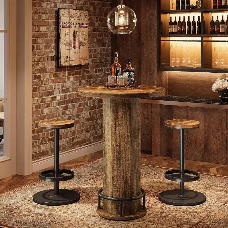 Tavolo Rotondo da Bar Lantine con Sedie, Set Bistrò con 2 Sgabelli da Bar, Tavolo da Cocktail da Pub con Poggiapiedi ad Anello in Metallo per Angolo Cucina, Appartamento