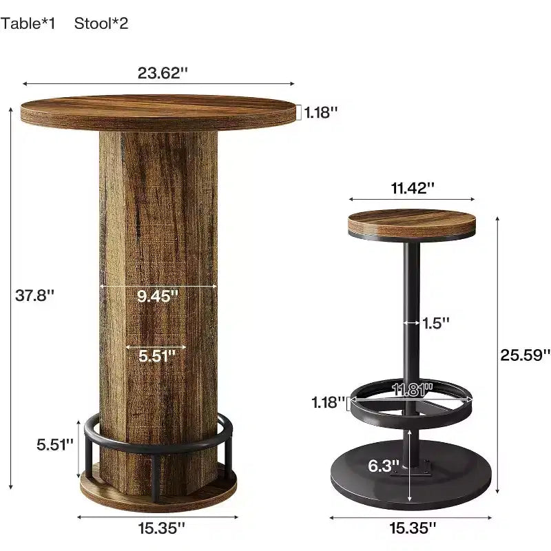 Tavolo Rotondo da Bar Lantine con Sedie, Set Bistrò con 2 Sgabelli da Bar, Tavolo da Cocktail da Pub con Poggiapiedi ad Anello in Metallo per Angolo Cucina, Appartamento
