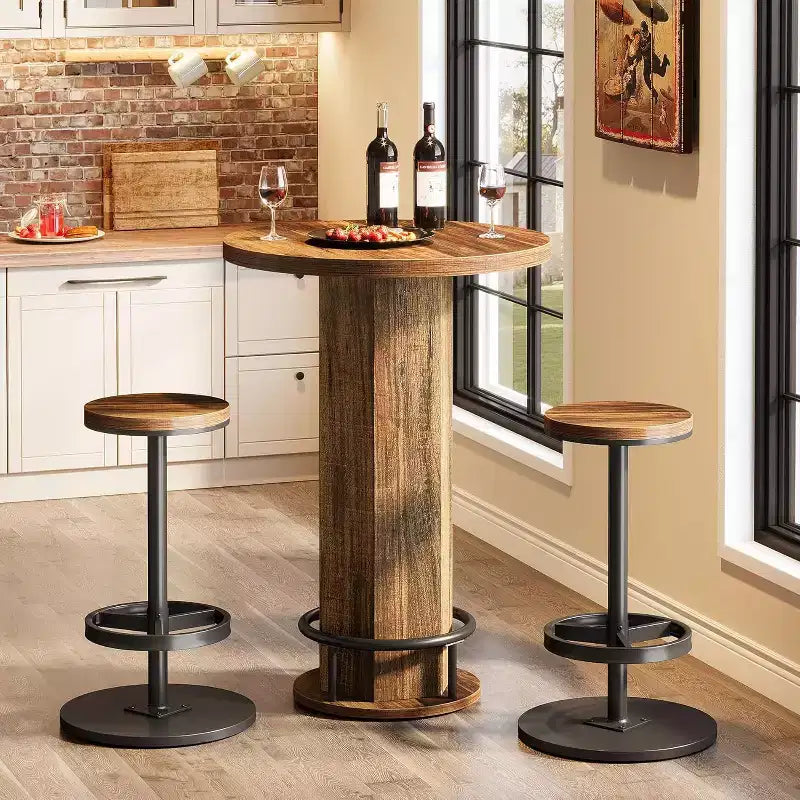 Tavolo Rotondo da Bar Lantine con Sedie, Set Bistrò con 2 Sgabelli da Bar, Tavolo da Cocktail da Pub con Poggiapiedi ad Anello in Metallo per Angolo Cucina, Appartamento