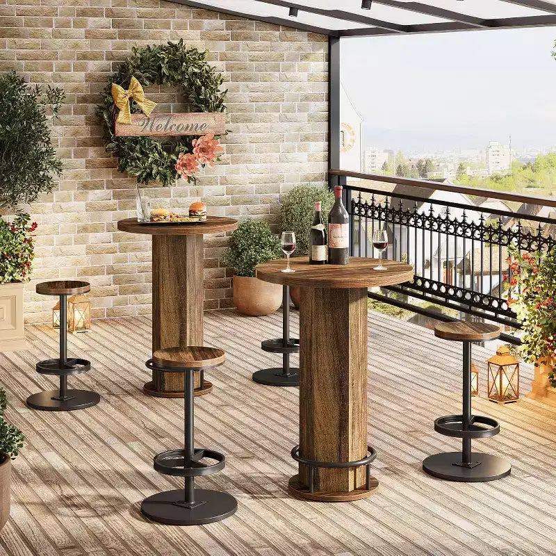 Tavolo Rotondo da Bar Lantine con Sedie, Set Bistrò con 2 Sgabelli da Bar, Tavolo da Cocktail da Pub con Poggiapiedi ad Anello in Metallo per Angolo Cucina, Appartamento