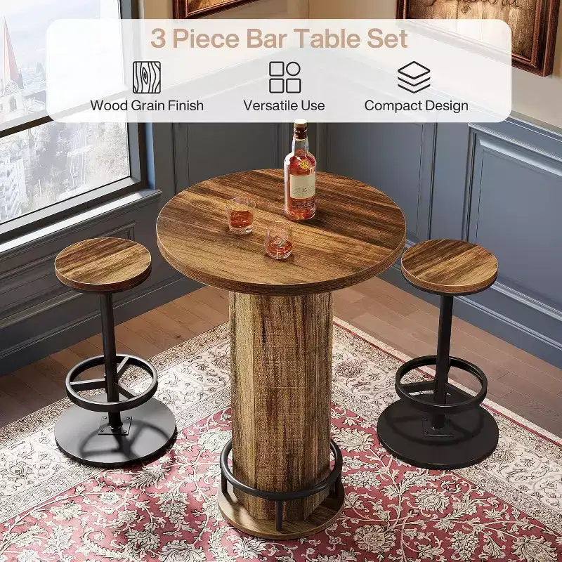 Tavolo Rotondo da Bar Lantine con Sedie, Set Bistrò con 2 Sgabelli da Bar, Tavolo da Cocktail da Pub con Poggiapiedi ad Anello in Metallo per Angolo Cucina, Appartamento