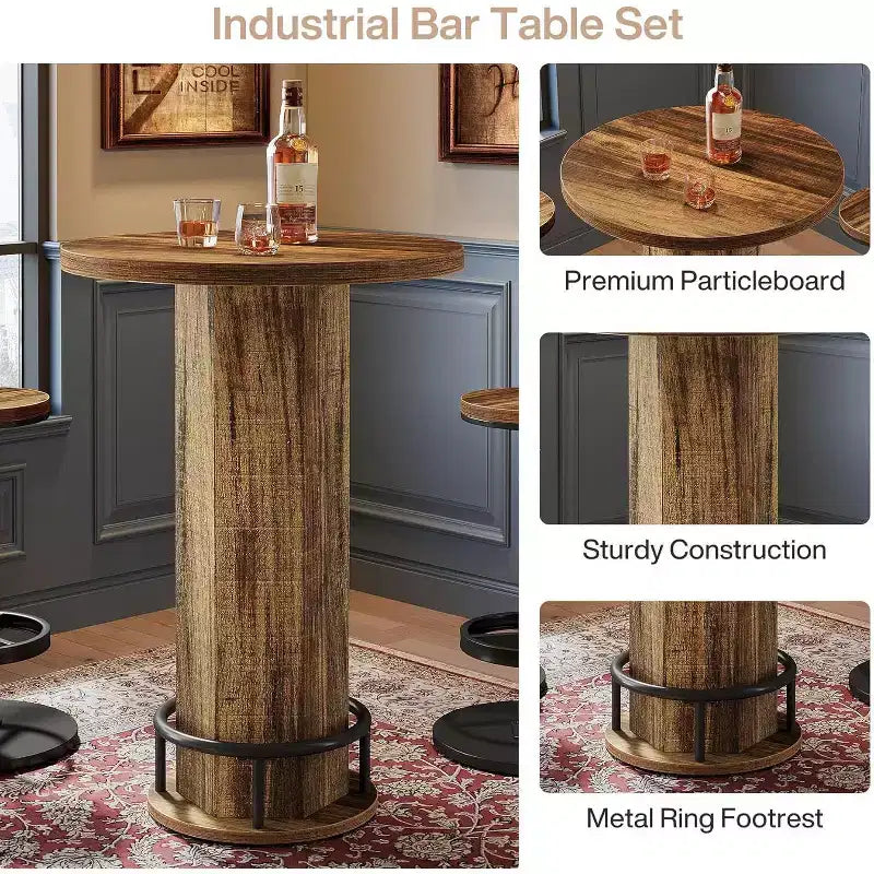 Tavolo Rotondo da Bar Lantine con Sedie, Set Bistrò con 2 Sgabelli da Bar, Tavolo da Cocktail da Pub con Poggiapiedi ad Anello in Metallo per Angolo Cucina, Appartamento