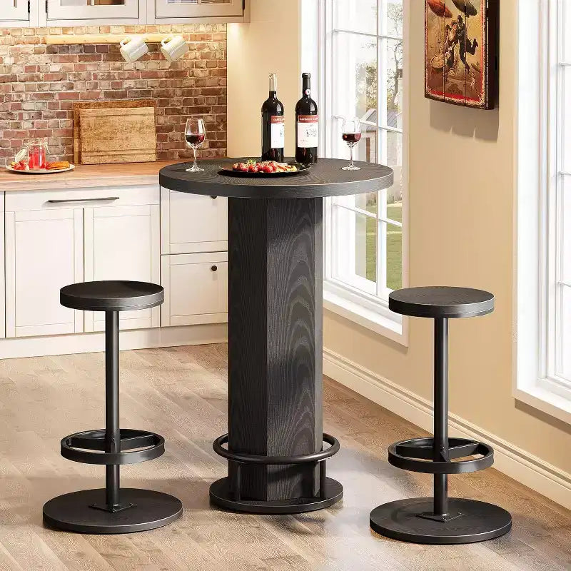 Tavolo Rotondo da Bar Lantine con Sedie, Set Bistrò con 2 Sgabelli da Bar, Tavolo da Cocktail da Pub con Poggiapiedi ad Anello in Metallo per Angolo Cucina, Appartamento
