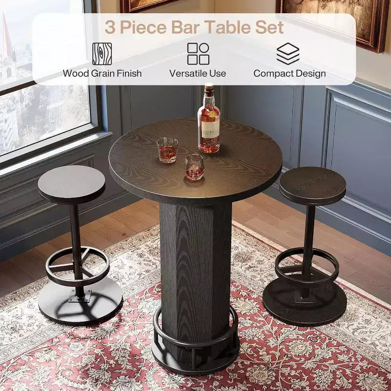 Tavolo Rotondo da Bar Lantine con Sedie, Set Bistrò con 2 Sgabelli da Bar, Tavolo da Cocktail da Pub con Poggiapiedi ad Anello in Metallo per Angolo Cucina, Appartamento