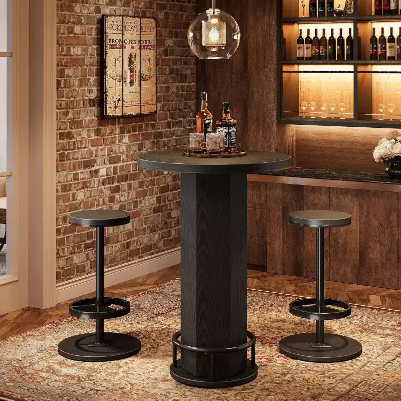 Tavolo Rotondo da Bar Lantine con Sedie, Set Bistrò con 2 Sgabelli da Bar, Tavolo da Cocktail da Pub con Poggiapiedi ad Anello in Metallo per Angolo Cucina, Appartamento