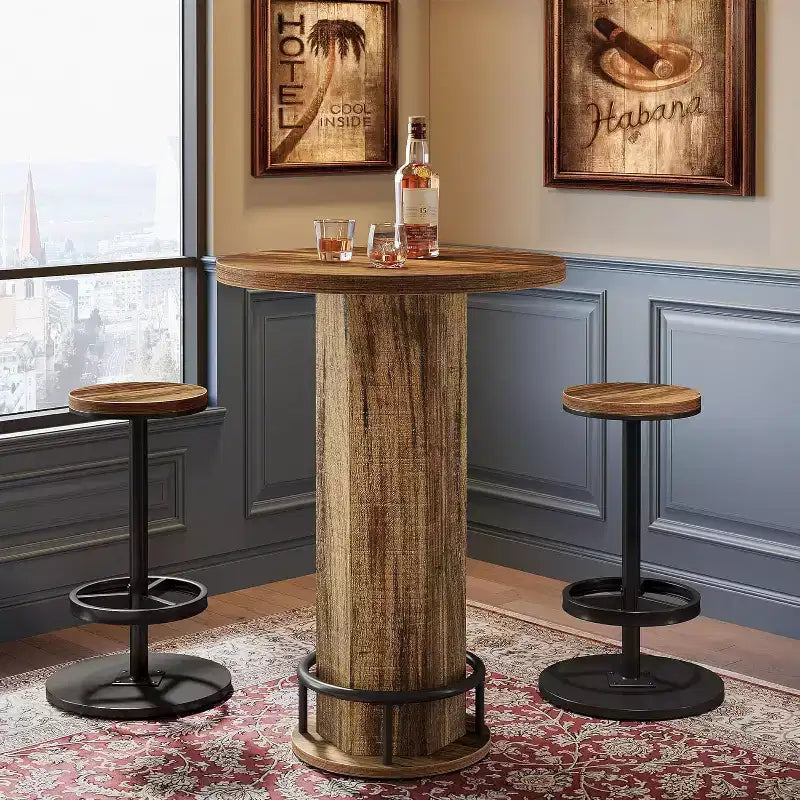 Lantine Round Bar Table with Chairs, Bistro Sets with 2 barstools, Pub Cocktail Table with Metal Ring Footrest for Kitchen Nook, Apartment