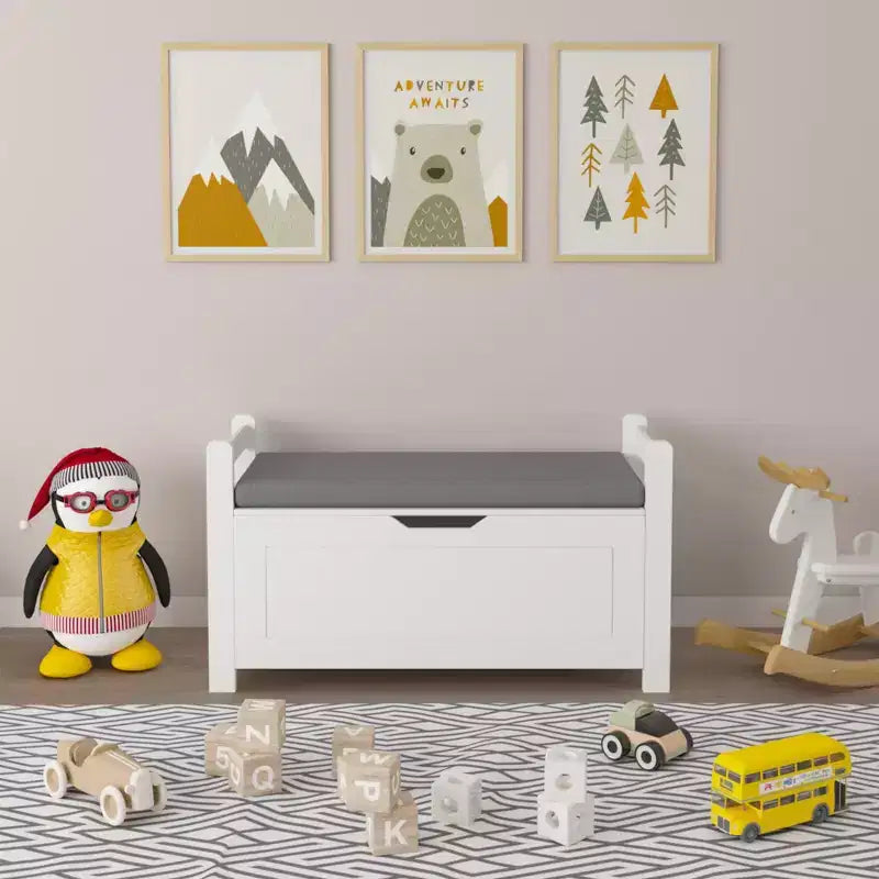 Cassa portagiochi per bambini, cassa portagiochi bianca per bambini e bambine, grande armadietto contenitore con panca con cuscino/coperchio a ribalta/cerniera di sicurezza