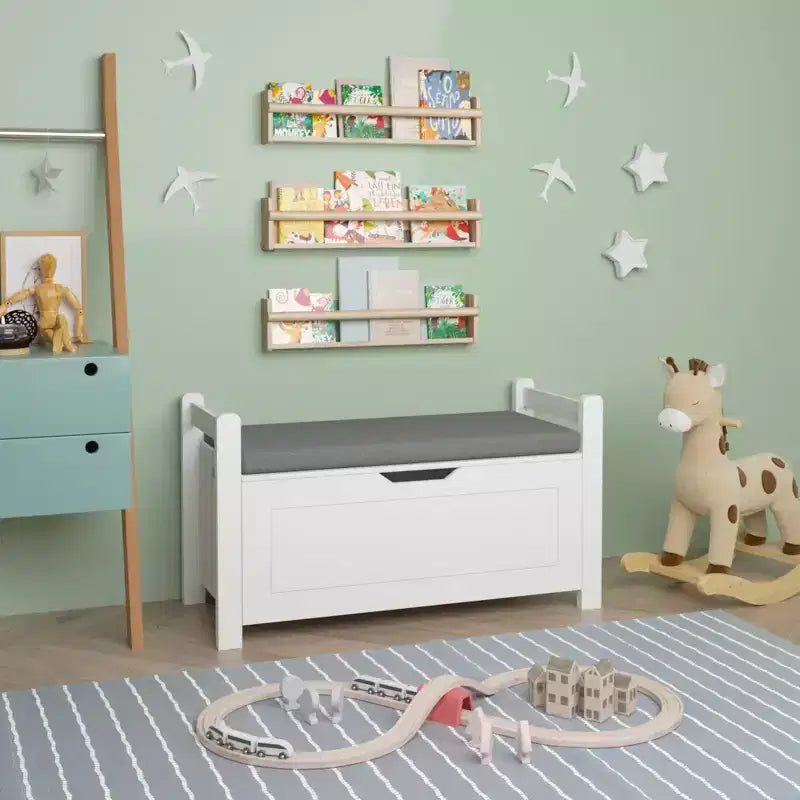 Cassa portagiochi per bambini, cassa portagiochi bianca per bambini e bambine, grande armadietto contenitore con panca con cuscino/coperchio a ribalta/cerniera di sicurezza