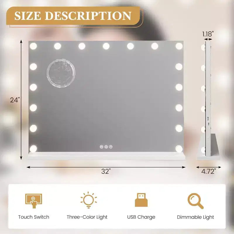 Specchio da trucco a LED da 17 pollici con lente d'ingrandimento 3X, controllo touch con 3 modalità di illuminazione a colori, porta di ricarica USB, design da tavolo/a parete, 32x24, bianco