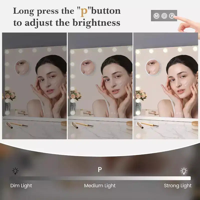 Specchio da trucco a LED da 17 pollici con lente d'ingrandimento 3X, controllo touch con 3 modalità di illuminazione a colori, porta di ricarica USB, design da tavolo/a parete, 32x24, bianco