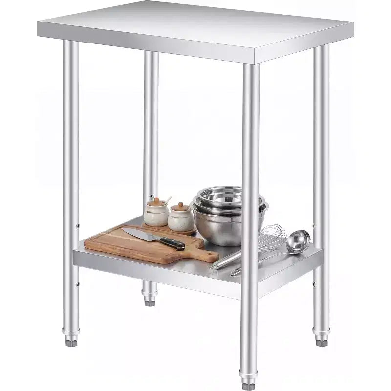 Tavolo da Lavoro COZONY in Acciaio Inox (con Ruote Bloccabili), Tavolo Utilità da Preparazione in Metallo a 2 Ripiani con Ripiano Inferiore Regolabile per Cucine di Ristoranti