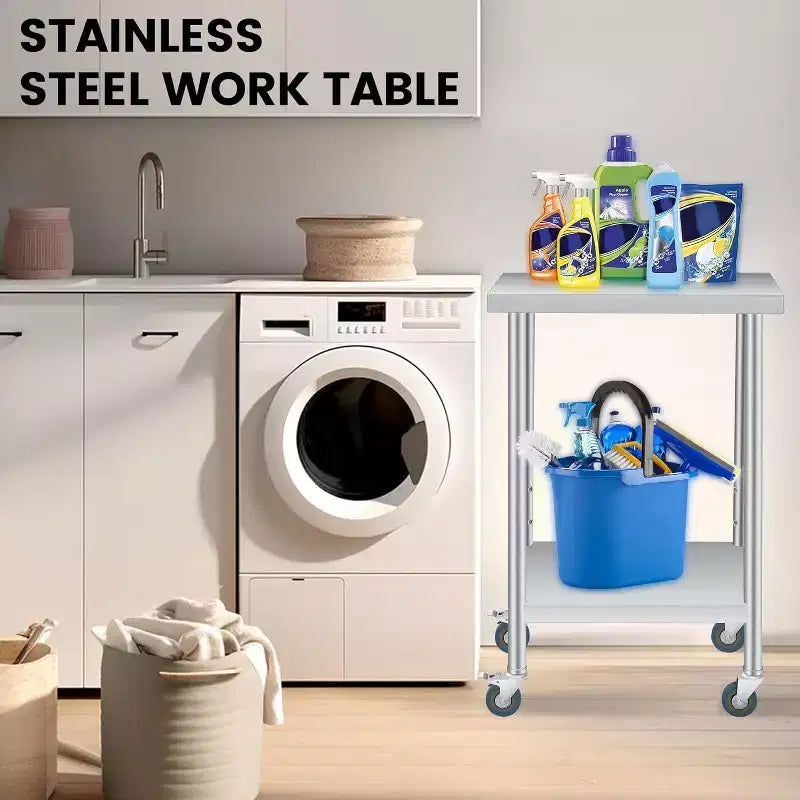 Tavolo da Lavoro COZONY in Acciaio Inox (con Ruote Bloccabili), Tavolo Utilità da Preparazione in Metallo a 2 Ripiani con Ripiano Inferiore Regolabile per Cucine di Ristoranti