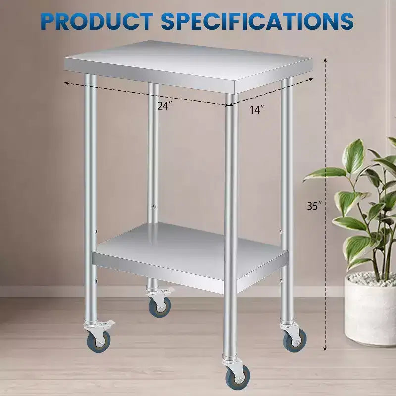 Tavolo da Lavoro COZONY in Acciaio Inox (con Ruote Bloccabili), Tavolo Utilità da Preparazione in Metallo a 2 Ripiani con Ripiano Inferiore Regolabile per Cucine di Ristoranti