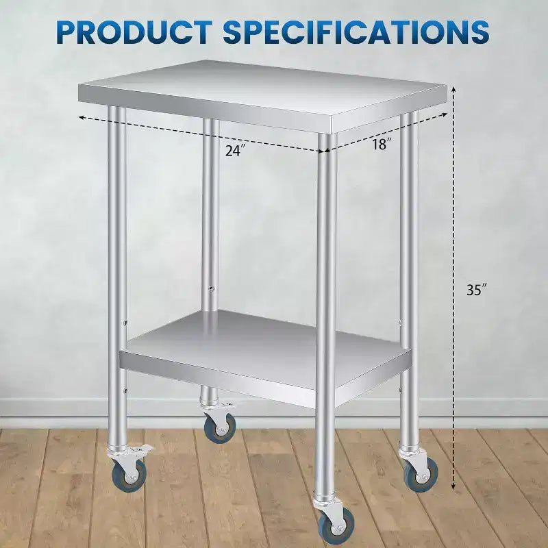 Tavolo da Lavoro COZONY in Acciaio Inox (con Ruote Bloccabili), Tavolo Utilità da Preparazione in Metallo a 2 Ripiani con Ripiano Inferiore Regolabile per Cucine di Ristoranti