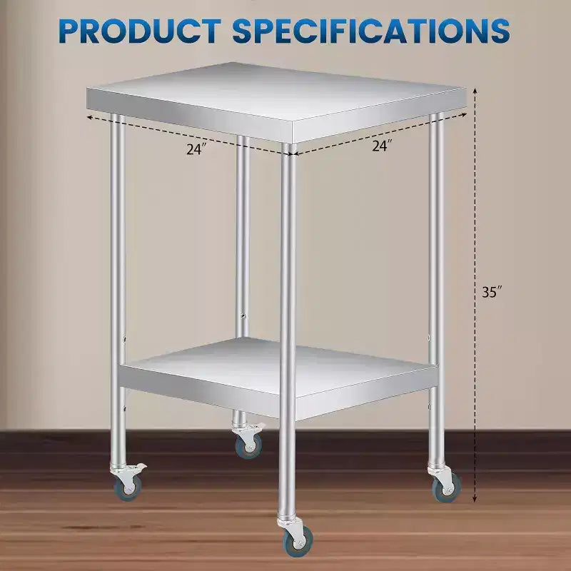 Tavolo da Lavoro COZONY in Acciaio Inox (con Ruote Bloccabili), Tavolo Utilità da Preparazione in Metallo a 2 Ripiani con Ripiano Inferiore Regolabile per Cucine di Ristoranti