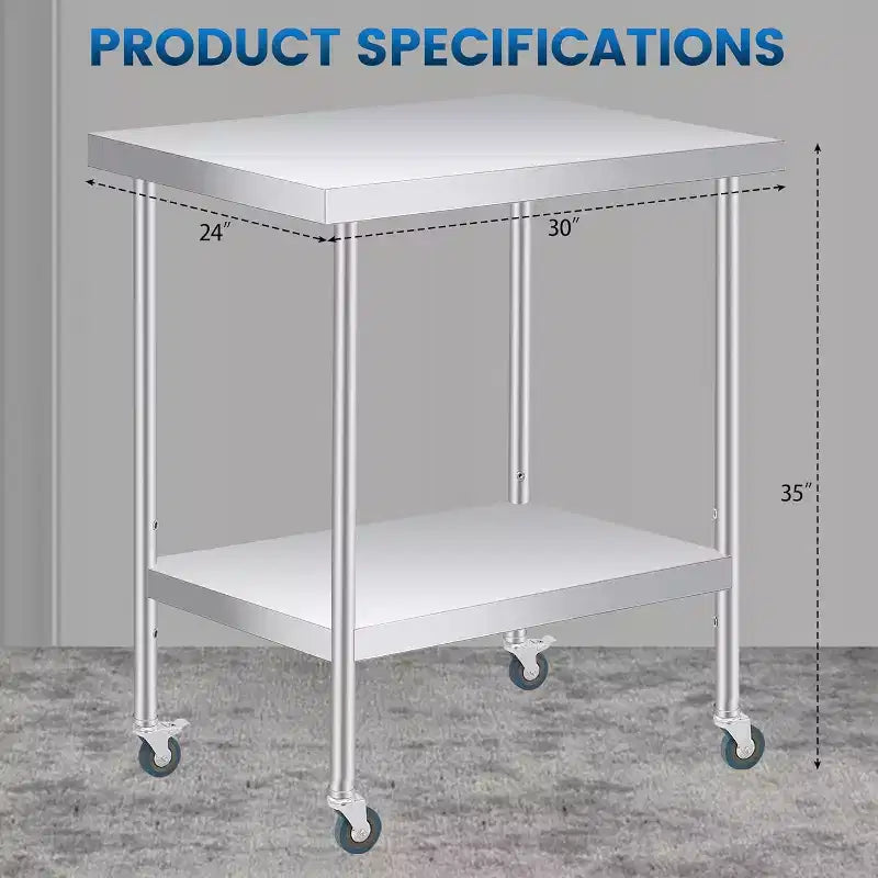 Tavolo da Lavoro COZONY in Acciaio Inox (con Ruote Bloccabili), Tavolo Utilità da Preparazione in Metallo a 2 Ripiani con Ripiano Inferiore Regolabile per Cucine di Ristoranti