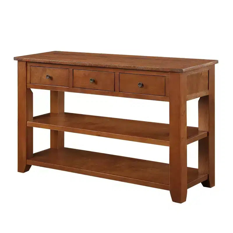 Hostack 48 Tavolo Consolle Moderno con Piano in Legno Massello, 3 Cassetti e 2 Ripiani, Marrone