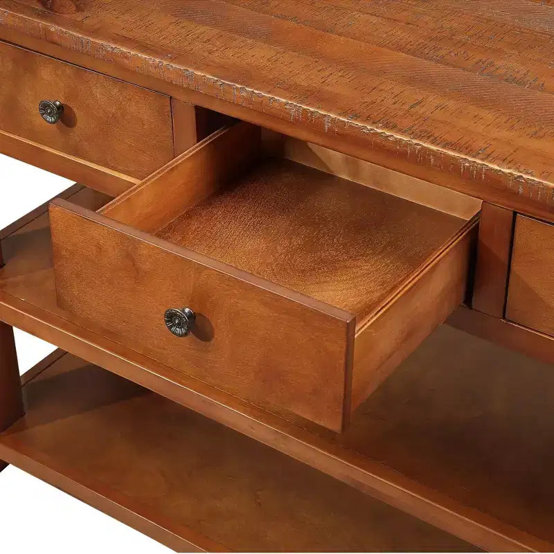 Hostack 48 Tavolo Consolle Moderno con Piano in Legno Massello, 3 Cassetti e 2 Ripiani, Marrone