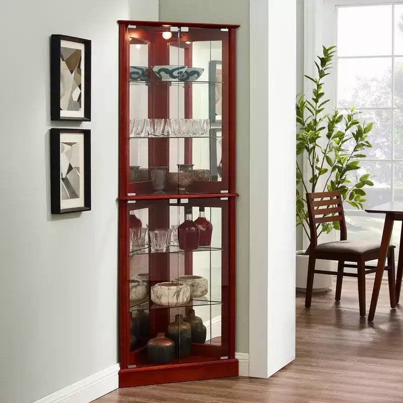 Okak Corner Curio Cabinet, Vetrina con 4 Ante e Ripiani Regolabili in Vetro Temperato, Mobile per Soggiorno