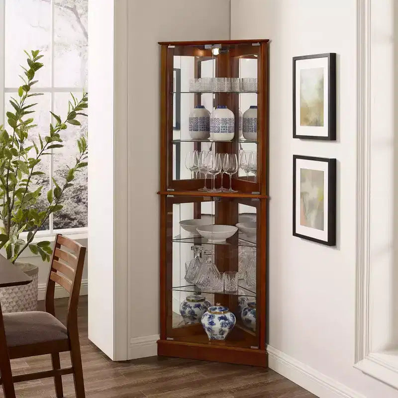 Okak Corner Curio Cabinet, Vetrina con 4 Ante e Ripiani Regolabili in Vetro Temperato, Mobile per Soggiorno