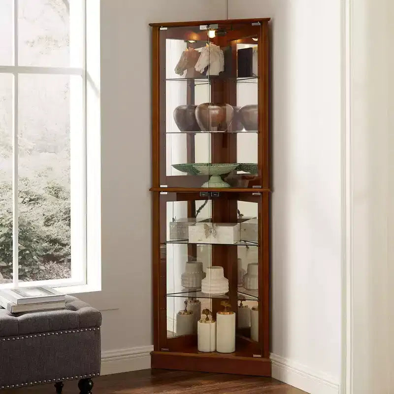 Okak Corner Curio Cabinet, Vetrina con 4 Ante e Ripiani Regolabili in Vetro Temperato, Mobile per Soggiorno
