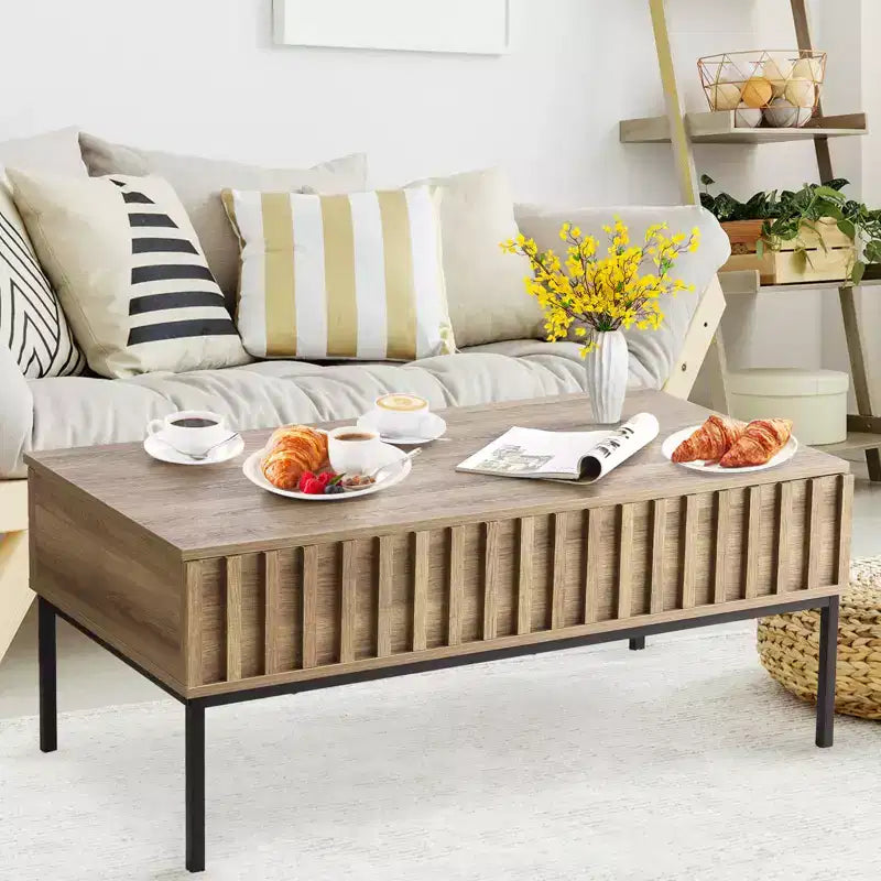 COZONY Tavolino da caffè in legno con piano sollevabile, 109 cm, da salotto, con vano portaoggetti nascosto, piano sollevabile per scrivania da pranzo, finitura teak