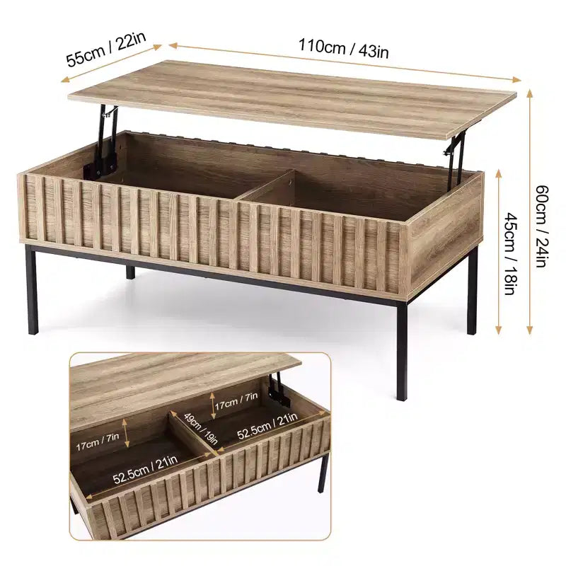 COZONY Tavolino da caffè in legno con piano sollevabile, 109 cm, da salotto, con vano portaoggetti nascosto, piano sollevabile per scrivania da pranzo, finitura teak