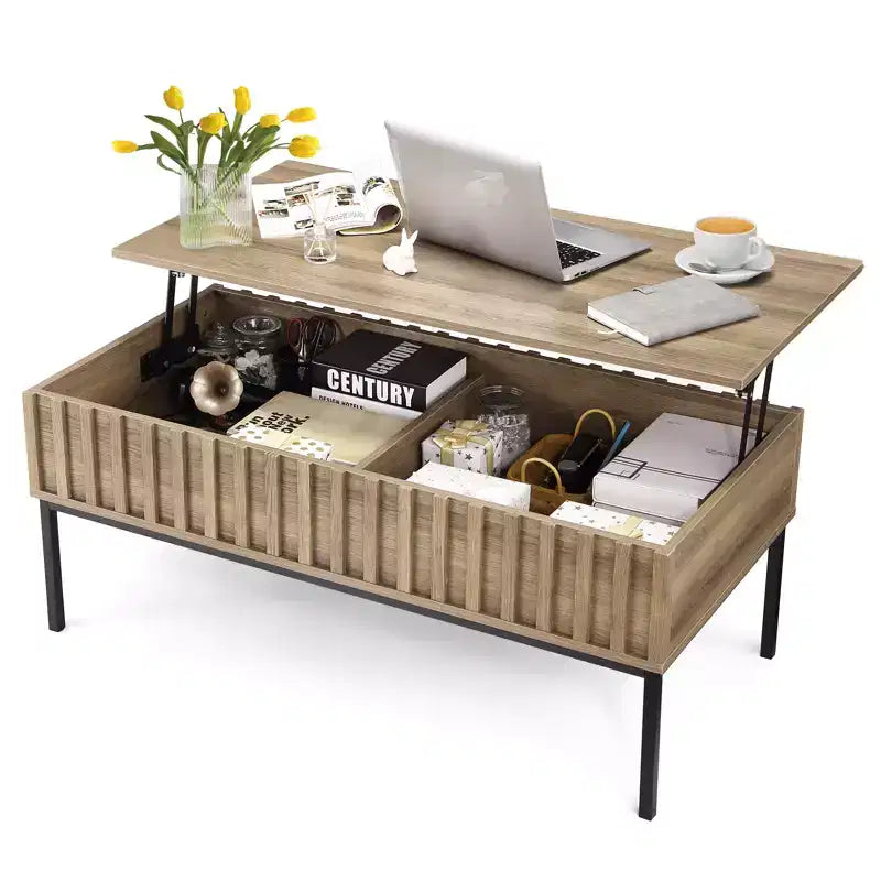 COZONY Tavolino da caffè in legno con piano sollevabile, 109 cm, da salotto, con vano portaoggetti nascosto, piano sollevabile per scrivania da pranzo, finitura teak