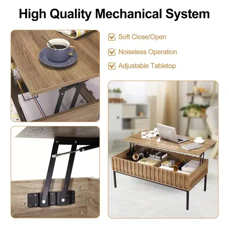 COZONY Tavolino da caffè in legno con piano sollevabile, 109 cm, da salotto, con vano portaoggetti nascosto, piano sollevabile per scrivania da pranzo, finitura teak