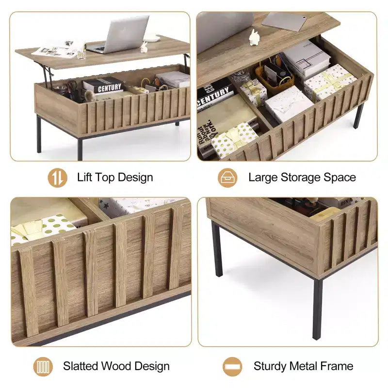 COZONY Tavolino da caffè in legno con piano sollevabile, 109 cm, da salotto, con vano portaoggetti nascosto, piano sollevabile per scrivania da pranzo, finitura teak