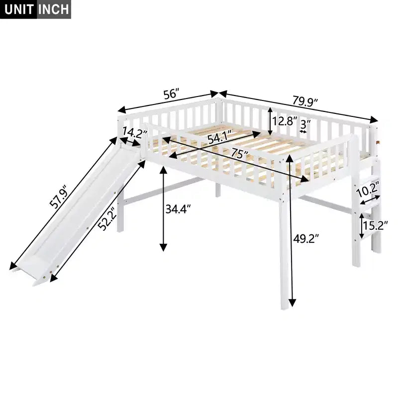 Letto a soppalco basso con scivolo, struttura letto a soppalco in legno per bambini con sponda di sicurezza alta per bambine e bambini