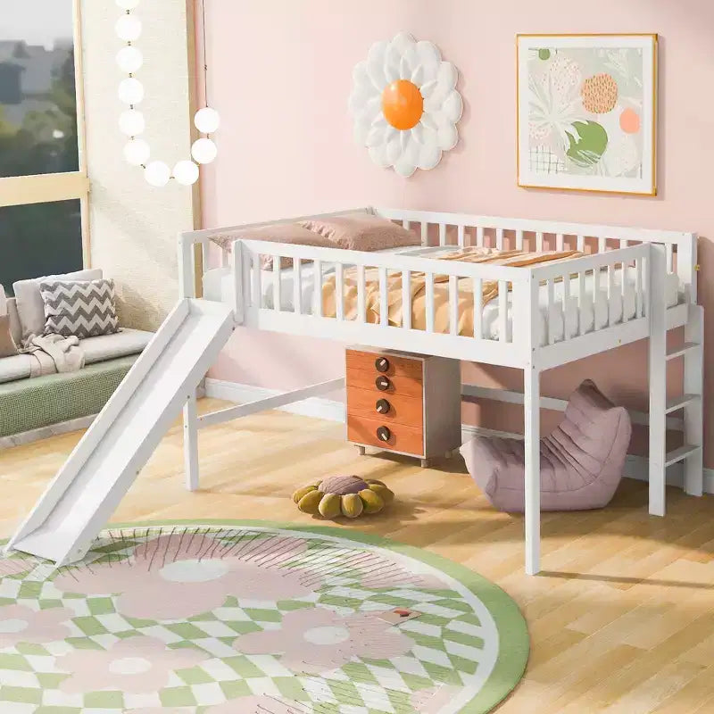 Letto a soppalco basso con scivolo, struttura letto a soppalco in legno per bambini con sponda di sicurezza alta per bambine e bambini