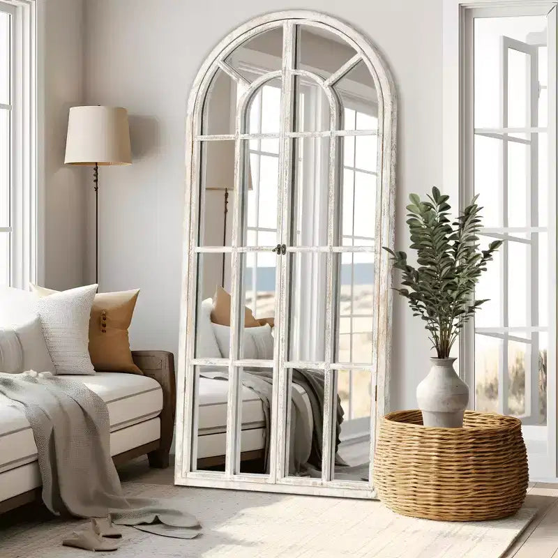 Specchio a figura intera MAYEERTY in legno massello, griglia ad angolo retto ad arco 71x31x1 pollici, apribile, senza supporto