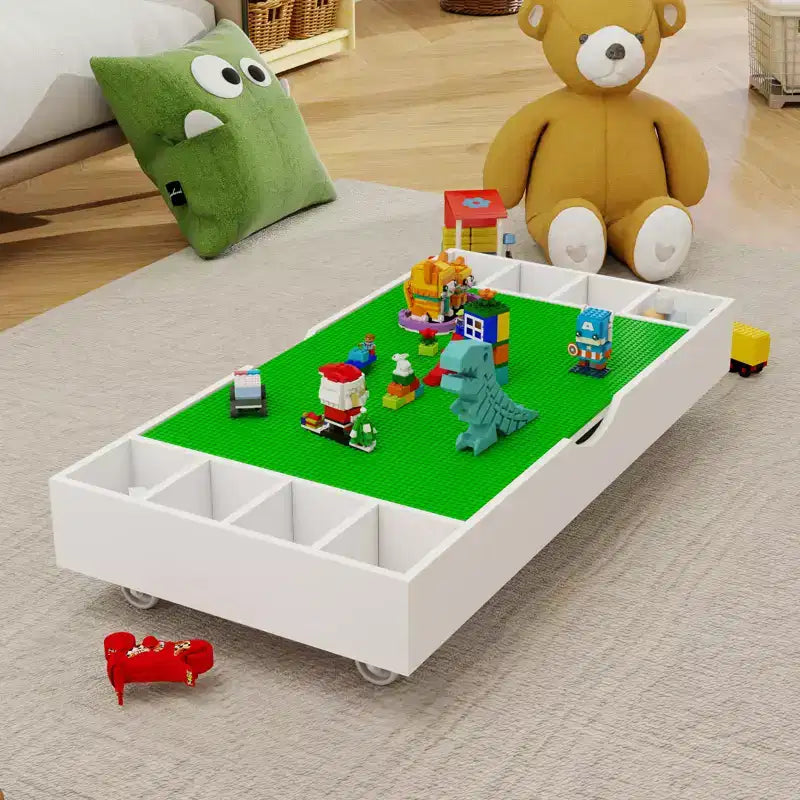 Il Tavolo da Gioco Pieghevole 2 in 1 e Contenitore Giocattoli Compatibile con Lego Adatto per Essere Riposto Sotto il Letto o il Divano-Bianco (38 x 18.7 x 5.9)