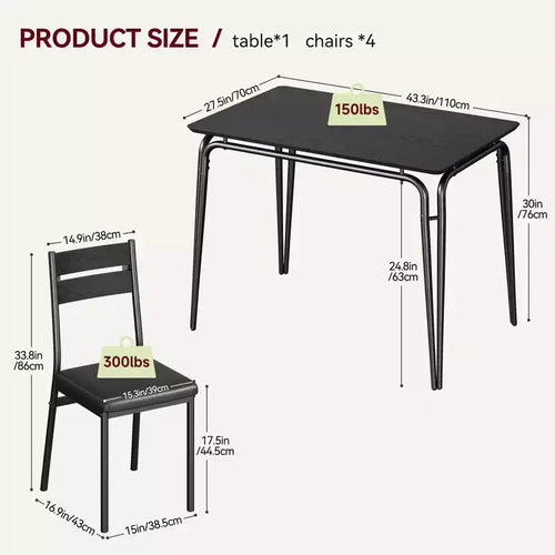 Set da tavolo da pranzo da 5 pezzi in stile rustico, tavolo in legno e sedie in PU per piccoli spazi