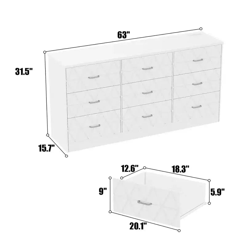 Comò a 9 cassetti, Cassettiera moderna in legno, Mobile TV con cassetti, Organizzatore cassetti in legno con presa di corrente per camera da letto, soggiorno