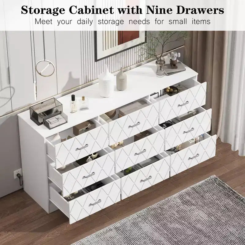 Comò a 9 cassetti, Cassettiera moderna in legno, Mobile TV con cassetti, Organizzatore cassetti in legno con presa di corrente per camera da letto, soggiorno