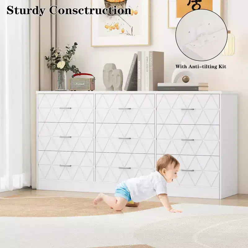 Comò a 9 cassetti, Cassettiera moderna in legno, Mobile TV con cassetti, Organizzatore cassetti in legno con presa di corrente per camera da letto, soggiorno