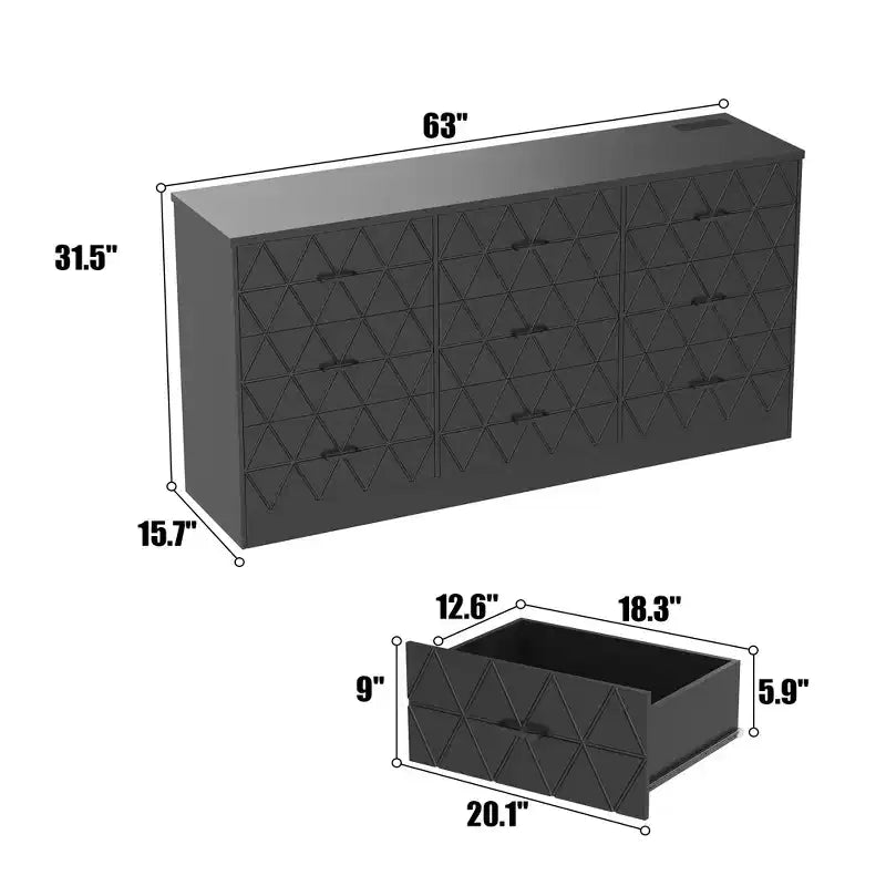 Comò a 9 cassetti, Cassettiera moderna in legno, Mobile TV con cassetti, Organizzatore cassetti in legno con presa di corrente per camera da letto, soggiorno